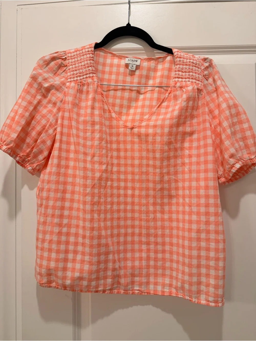 J. Crew Coral and White Gingham V-Neck Smocked Shoulder Top